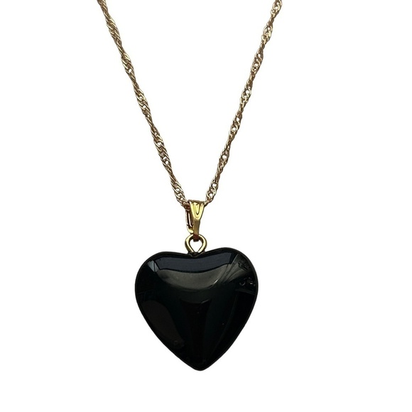 3-D Black Hearted Heart of Glass Pendant Necklace Waterfall Gold Plate Chain - Picture 4 of 9